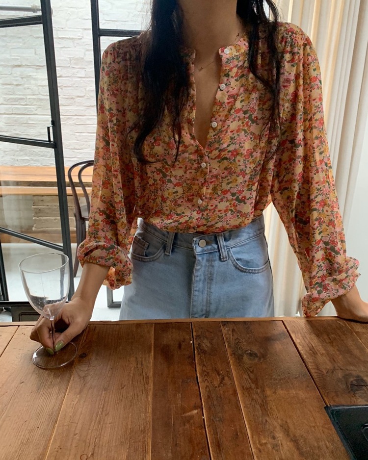 女装 ins长袖碎花雪纺衬衫女2021新款春季韩版宽松休闲单排扣上衣详情11