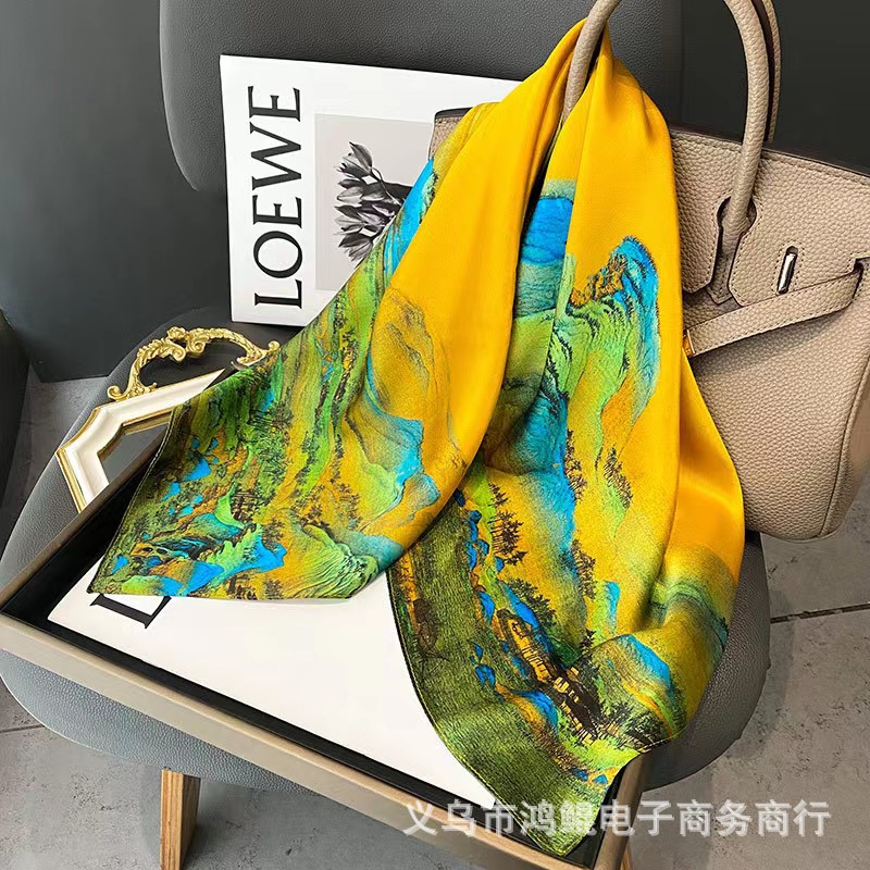 国潮新中式女礼品中国风千里江山图画大方巾仿真丝丝巾披肩母亲节围巾详情5