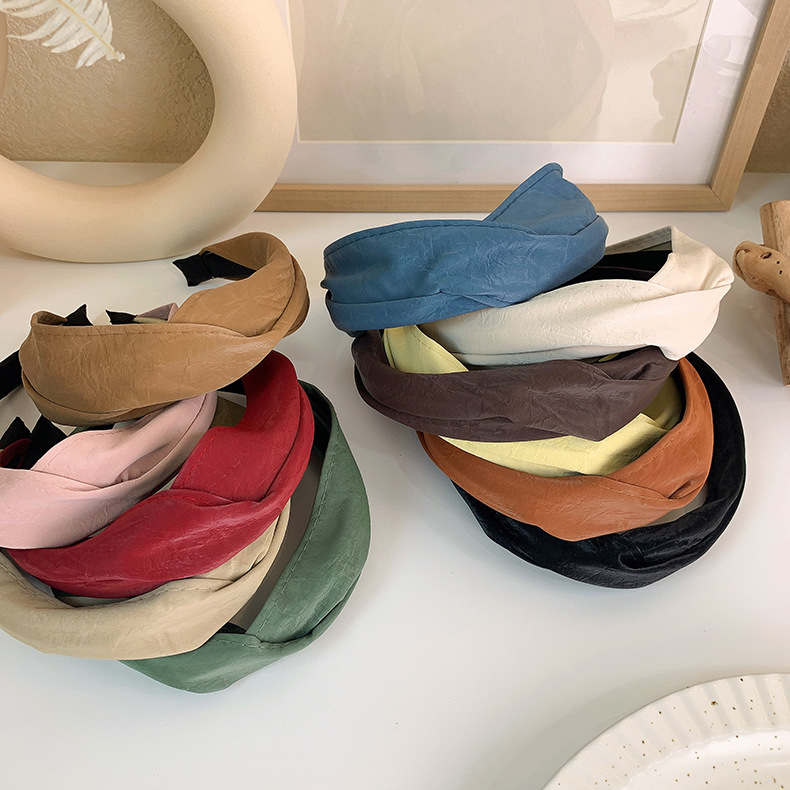 Retro solid color Pu leather wide cross headband, versatile for women, simple hairband for washing face, hair pressure and trendy headwear pic 7