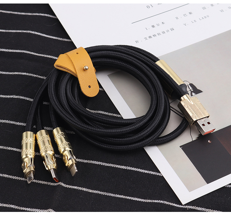 Factory wholesale black gold braided data cable, 180-degree rotating one drag three thickened elbow gold-plated super fast charging cable pic 13