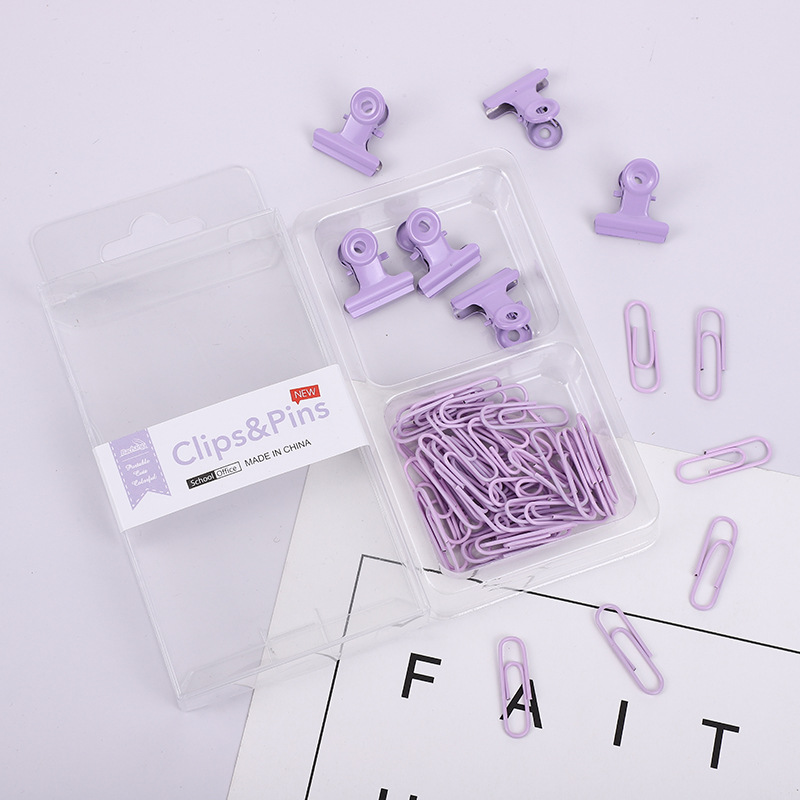 Cross-border 2-in-1 office combo set, macaron-colored paper clip, ticket holder, thumbtack, round head clip, keychain box pic 10
