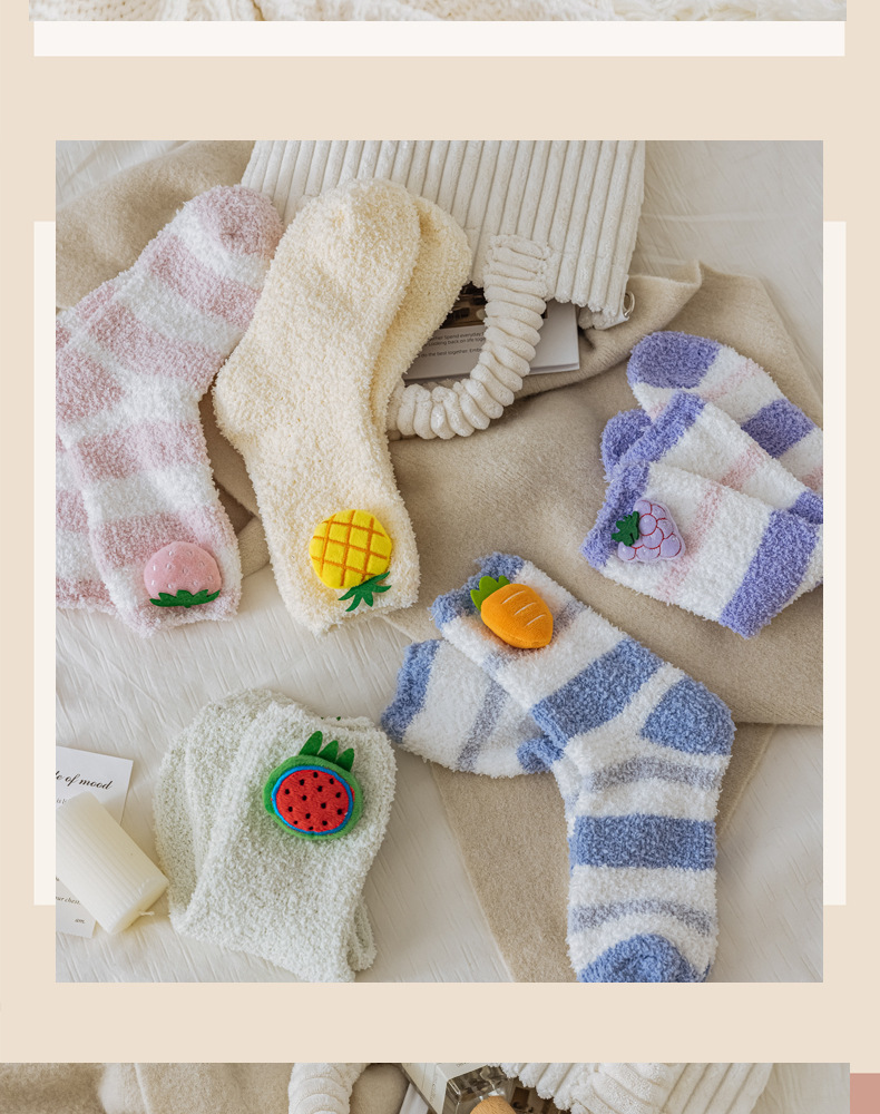 Three-dimensional fruit-decorated coral fleece socks, winter fleece thickened sleeping socks, Korean version strawberry mid-calf floor socks pic 16