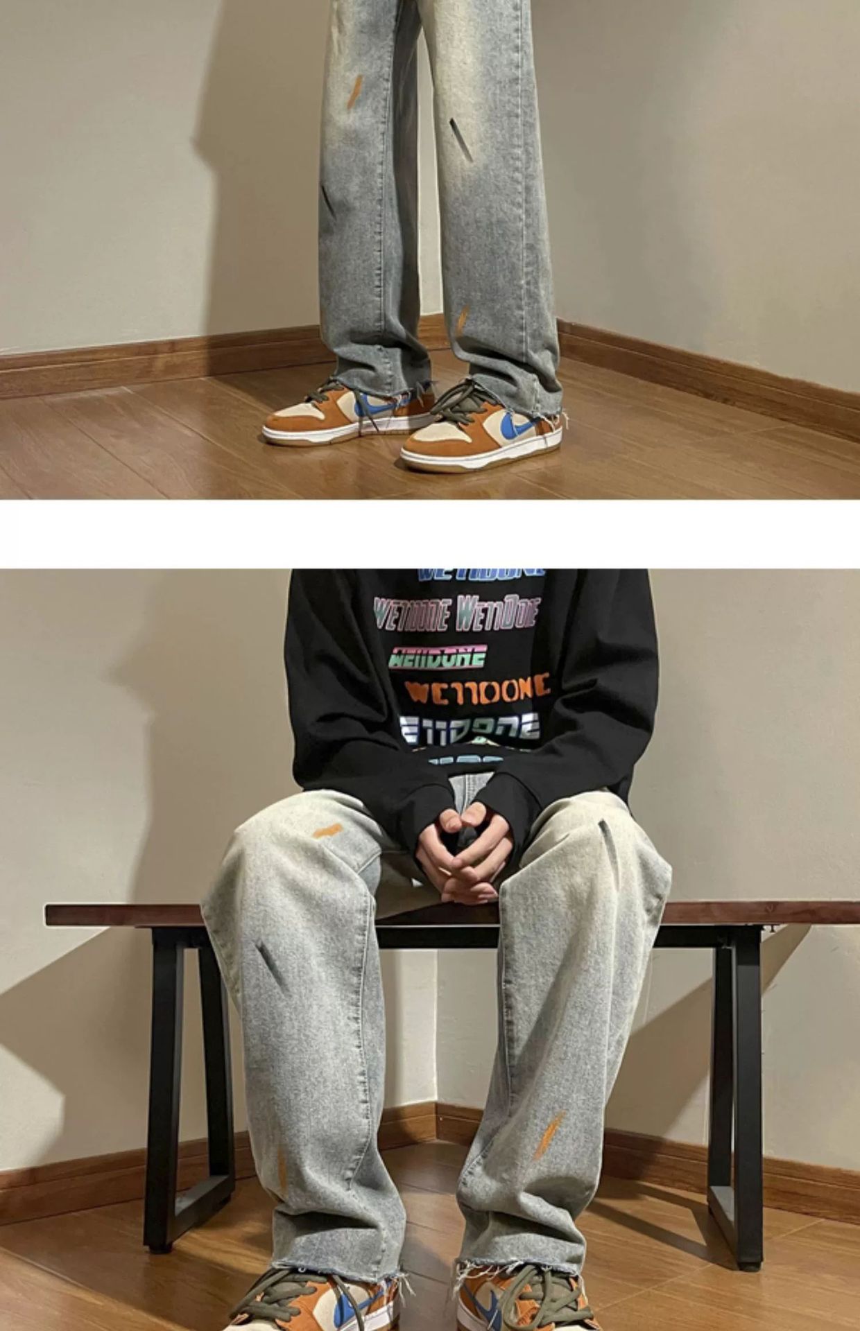 泼墨牛仔裤男款春秋美式复古毛边直筒裤潮流宽松小众百搭休闲长裤详情15