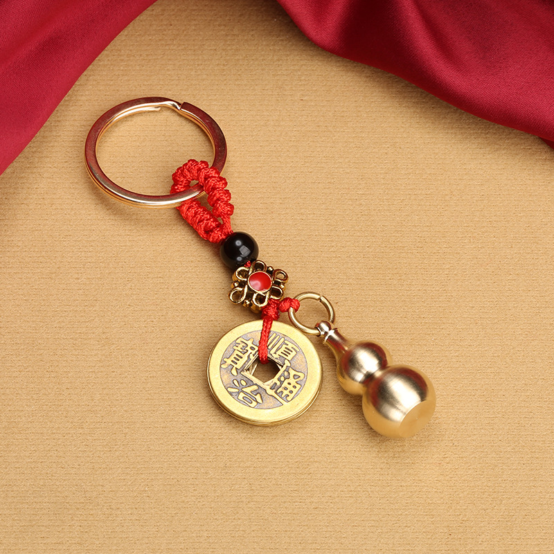 Brass hollow gourd key chain, cinnabar bottle with open lid, copper gourd Five Emperors coin key pendant, direct supply from the manufacturer pic 17