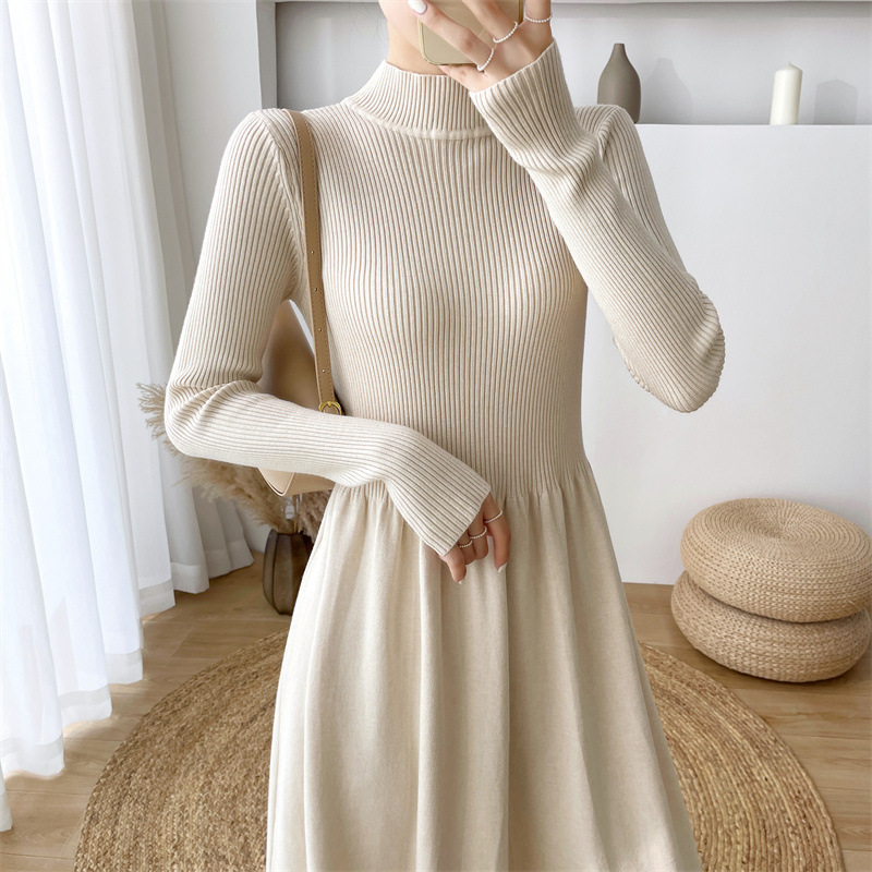 Semi-high neck mid-length elegant woolen dress, new autumn/Winter 2024 Korean-style long-sleeved base knitted dress for women pic 41