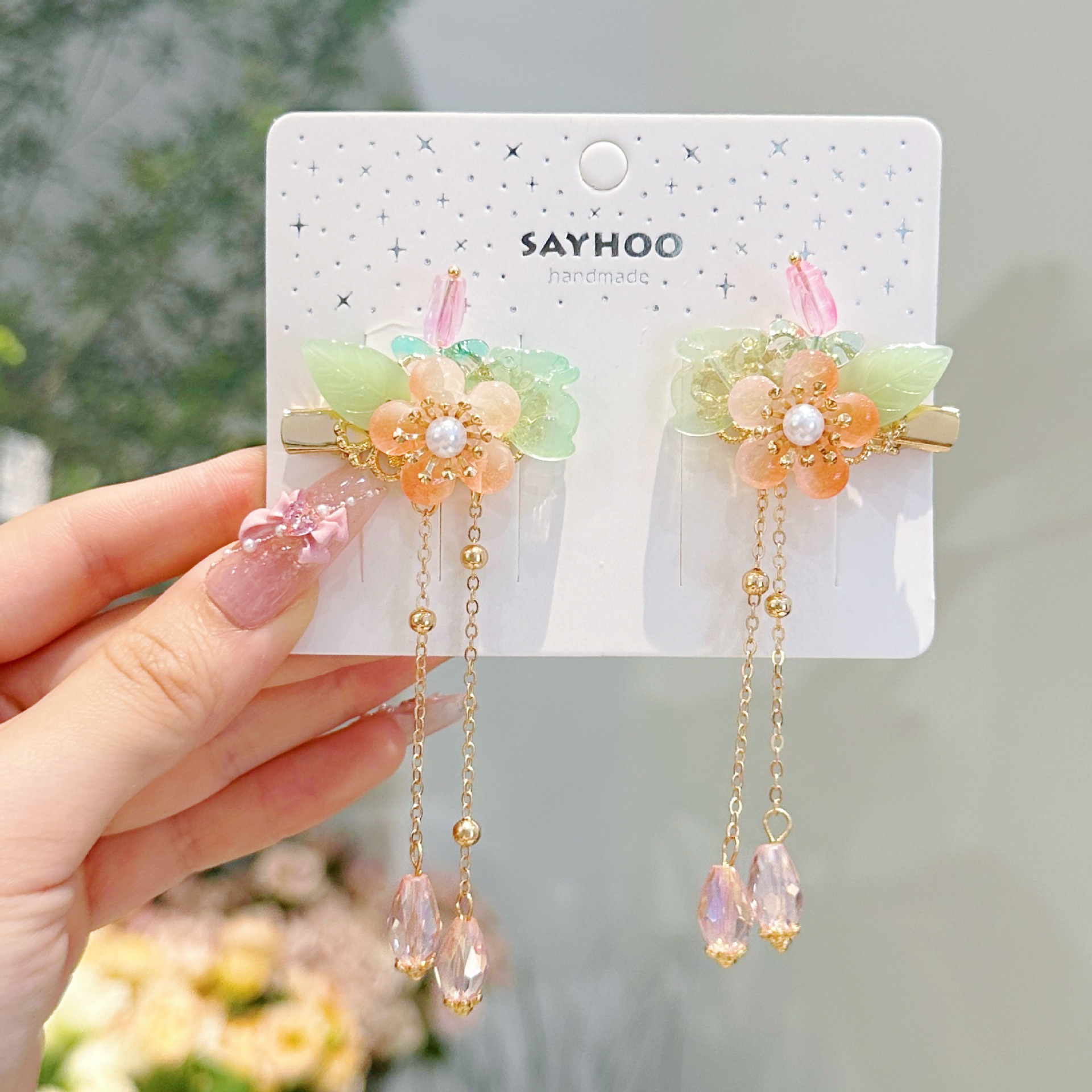 儿童发夹 国潮系列新款古风花朵蝴蝶珍珠流苏中国风琉璃对夹女孩汉服头饰详情10