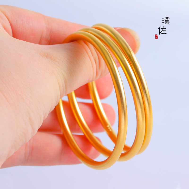久不掉色里外一色越南保色沙金手镯仿古法黄金手镯光面实心素圈女详情12