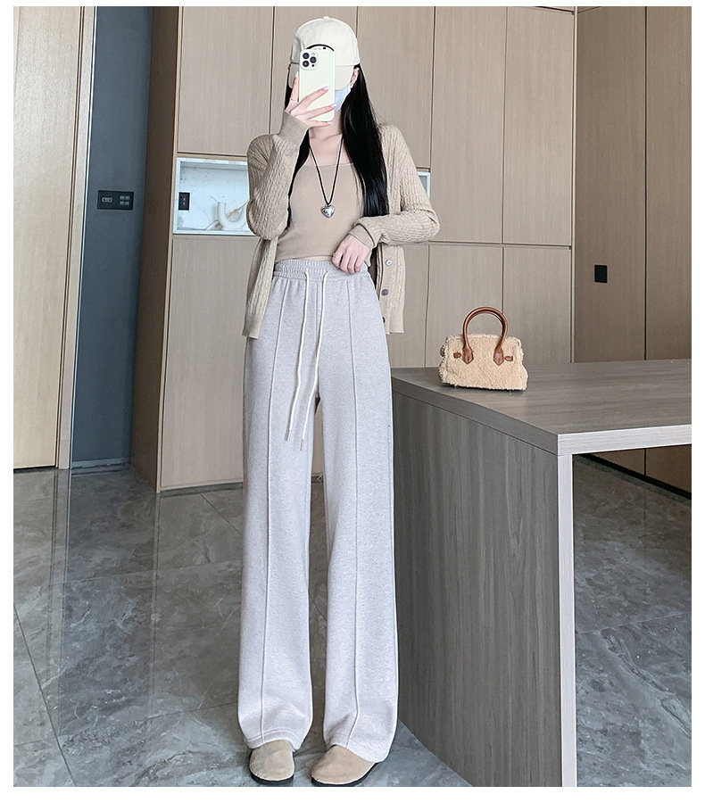 灰色直筒裤女秋冬裤子2024新款人字纹毛呢裤长裤羊羔绒窄版阔腿裤详情40