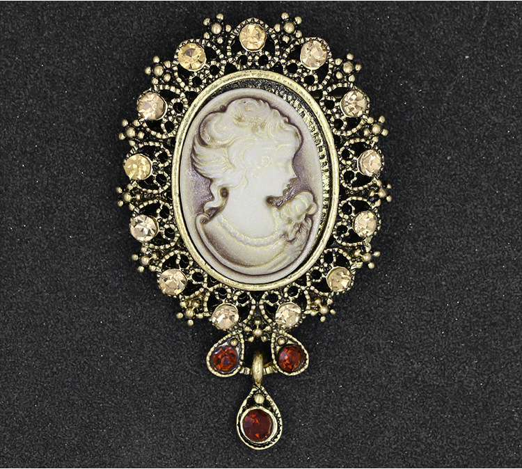 欧美时尚水钻美人头胸针 电镀合金复古胸花女 服装配饰品别针批发详情4