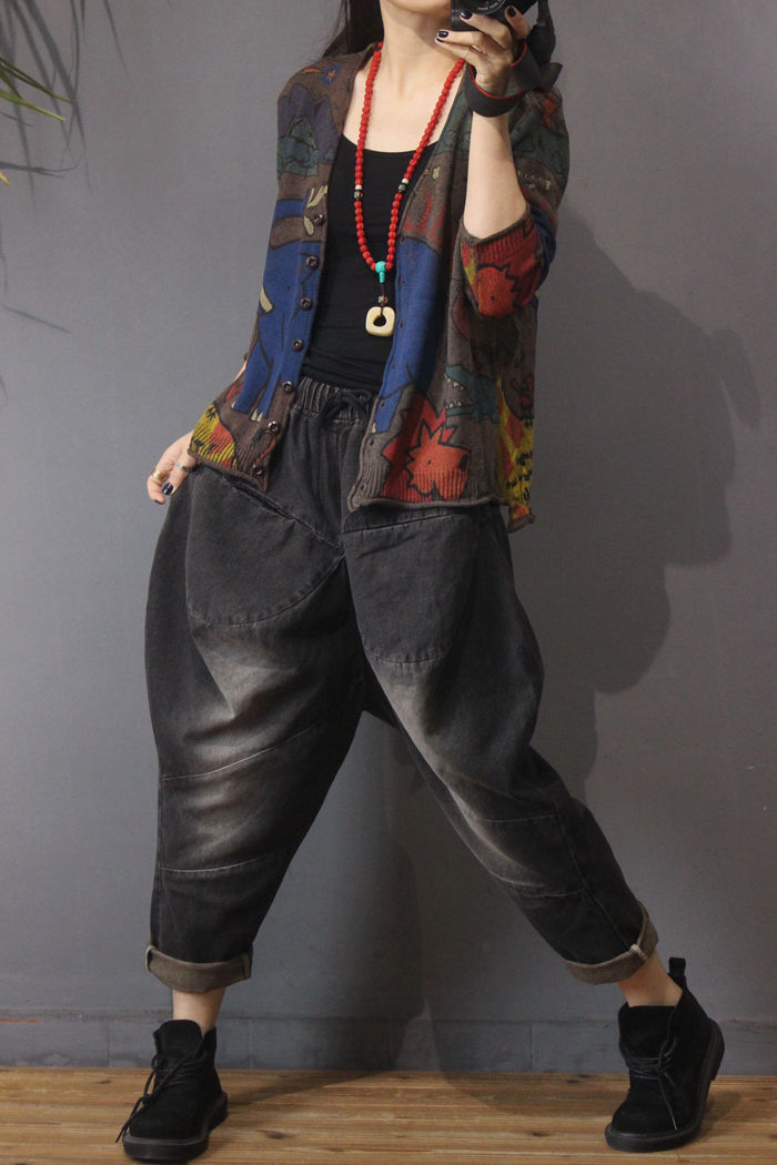 Spring 2021 new printed knitted cardigan for women, retro ethnic style, loose, large-sized, slimming long-sleeved top pic 11