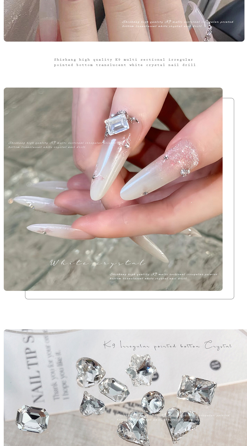 High-quality white nail art accessory, pointed-bottom diamond, K9 crystal Sparkling Heart, pigeon egg, right-angle rock sugar transparent diamond pic 4