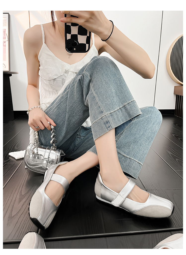 现货小银鞋浅口平跟芭蕾鞋中跟小方头单鞋慵懒风韩系复古德训鞋女详情17