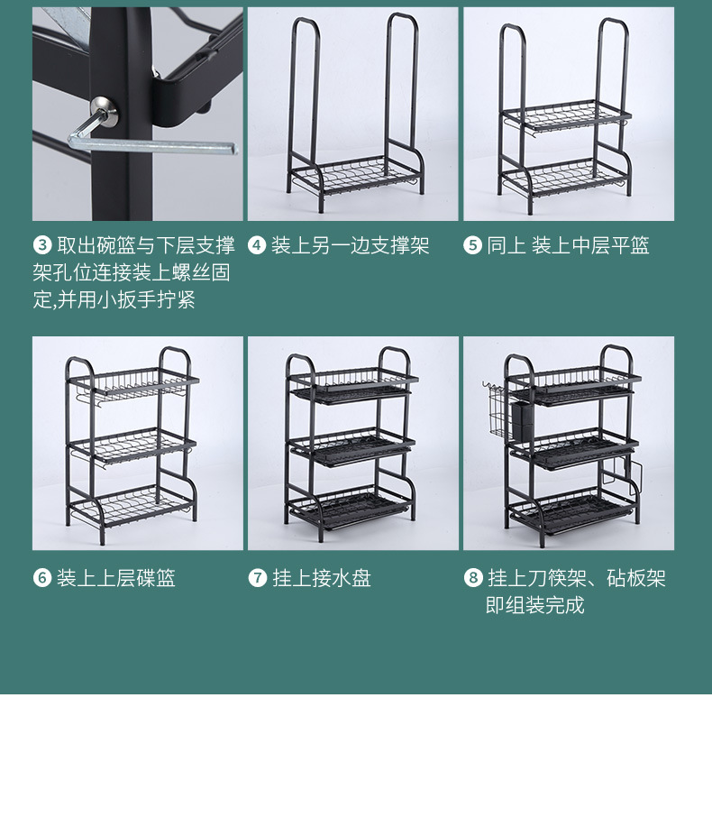 厨房盘碗架 碗架 多功能沥水架 厨房置物架 多功能置物架 厨房黑色碳钢盘碗架砧板刀具筷子收纳沥水架台面跨境多功能置物架 详情13