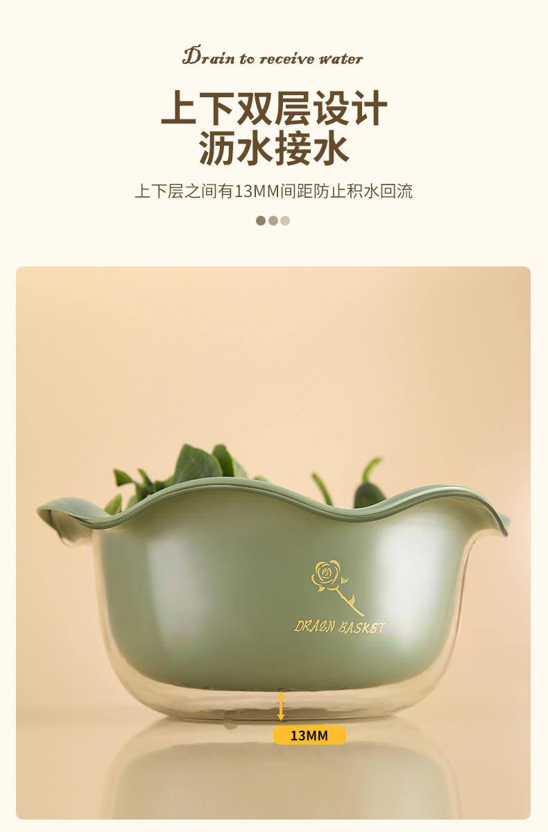 Kitchen creative petal draining basket, household multi-functional vegetable washing basket, fruit basket, PET double-layer vegetable basket, vegetable washing basket pic 12