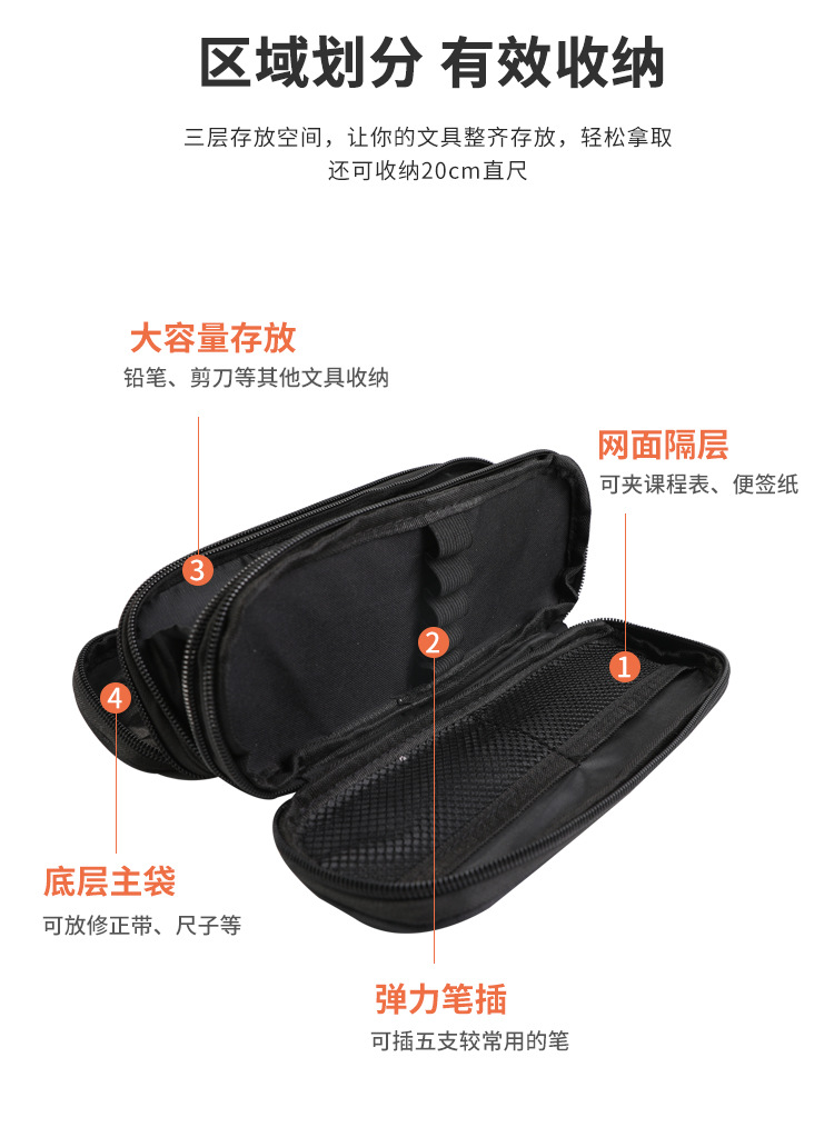 TOPSTHINK black solid square, simple and unadorned style, casual Japanese three-layer large-capacity functional storage pen case pic 14
