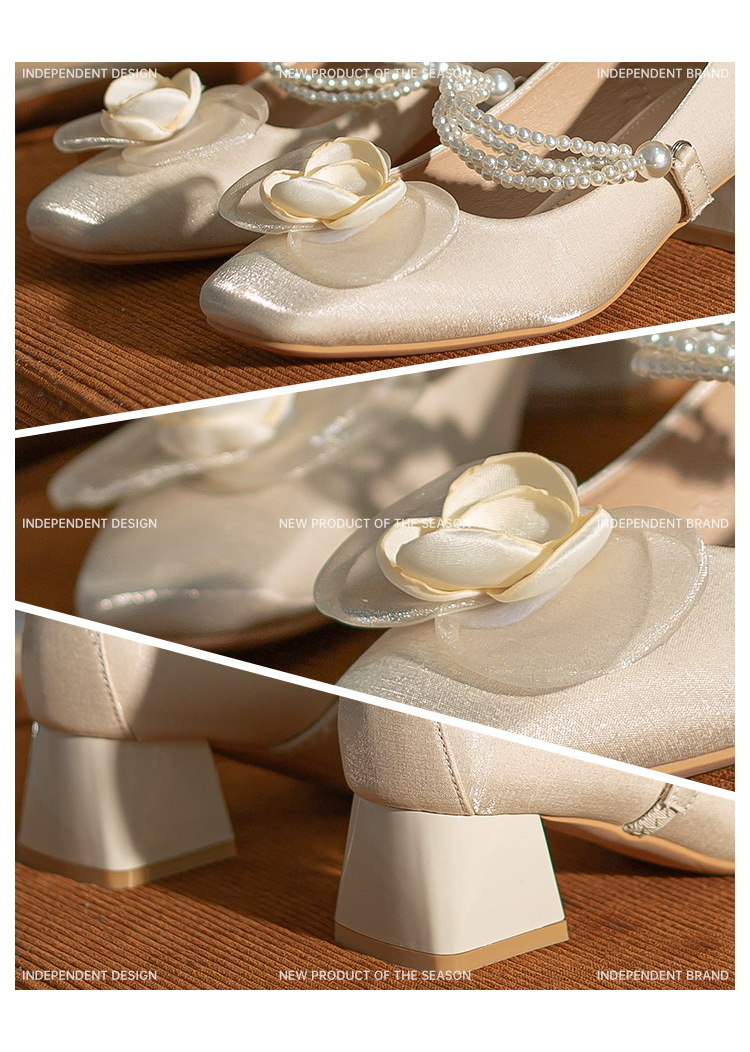 法式玛丽珍方头单鞋女2024春夏新款粗跟中跟女鞋百搭花朵绸缎鞋子详情17