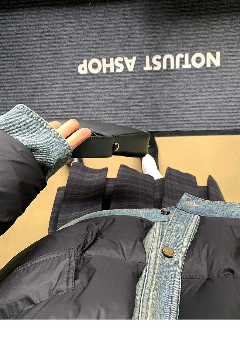 Qumeng DT CLASSIC Retro patchwork fake two-piece denim down jacket for women, 90 white duck down winter coat for women pic 10