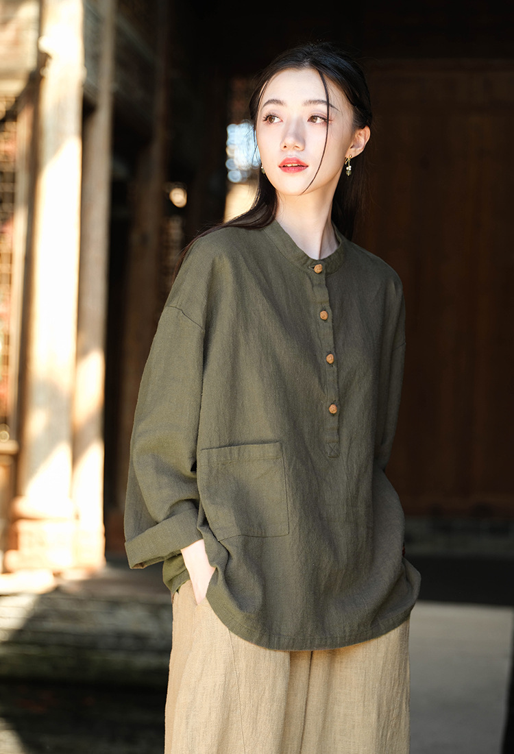 2024春夏棉麻女装新品亚麻立领拼色盘扣套头大码上衣女式棉麻衬衫详情16