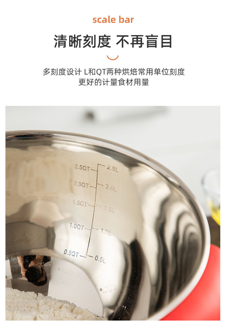 Factory direct sales: 304 stainless steel salad bowl, anti-slip silicone bottom, egg beater bowl, mixing bowl with handle pic 9