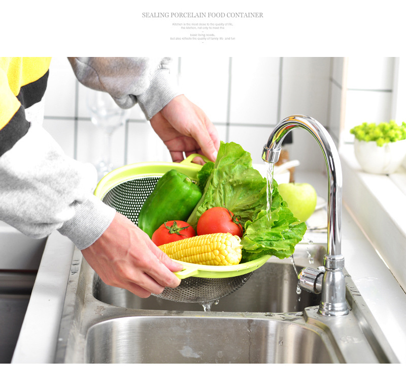 Interlocking draining basket, stainless steel color-edge draining basket with handle, large dining room fruit and vegetable water control basin, household kitchen multi-hole rice-washing basket, rice sieve, double-ear draining basket, rice-washing basin, perforated basin, filter basin pic 8