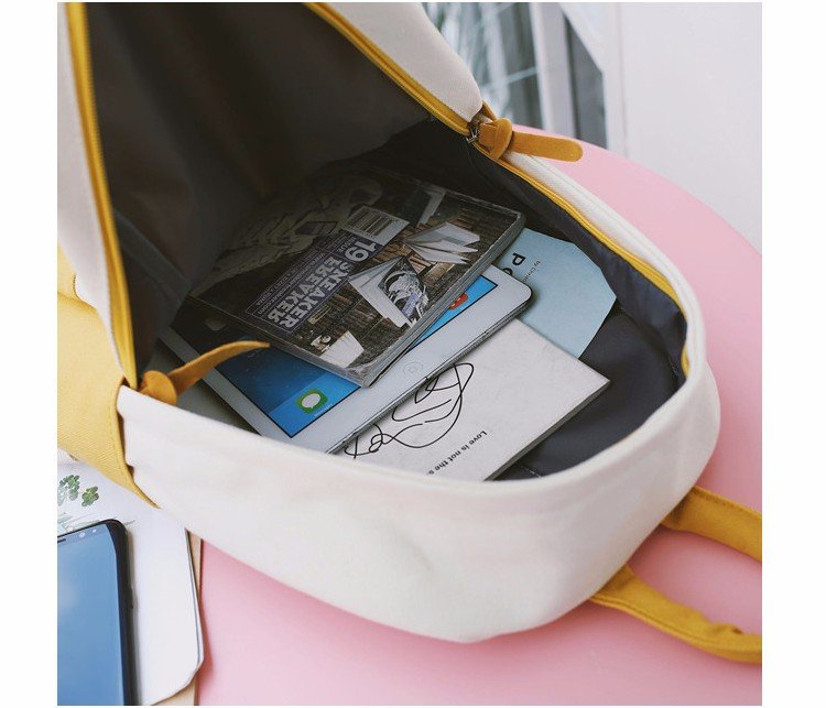 Factory wholesale of college-style, fresh, artistic, simple and versatile canvas backpacks, color-matched schoolbags for middle school best friends pic 46