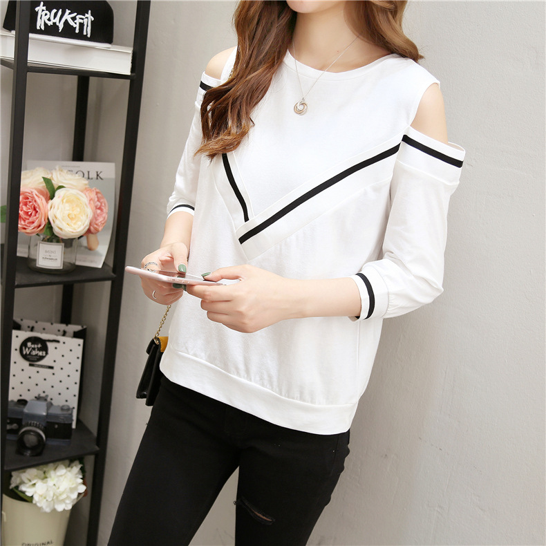Spring and Autumn new versatile T-shirt for women, 7-inch sleeved off-the-shoulder long-sleeved sexy half-sleeved top pic 10