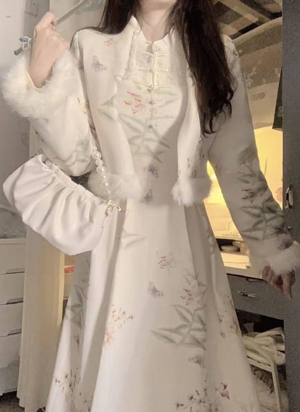 秋冬新中式复古改良旗袍连衣裙加绒加厚拼接短款外套时尚套装裙女详情11