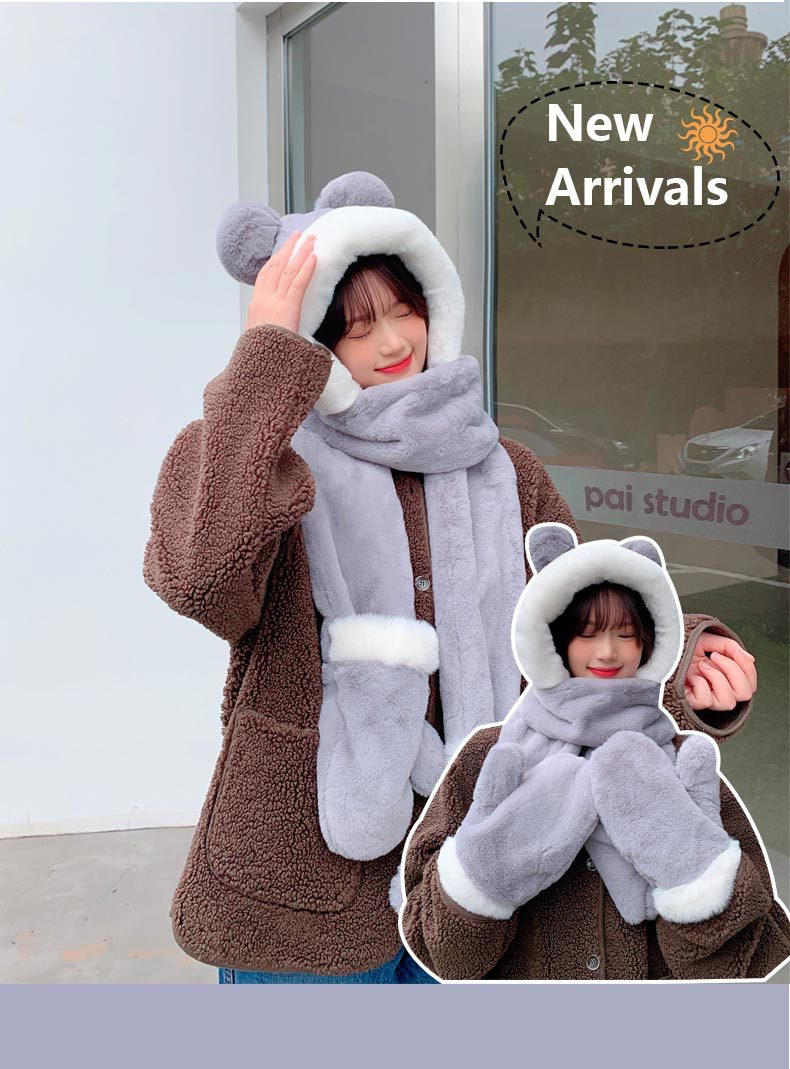 Warm hat for women, sweet and cute in autumn and winter. Winter cartoon scarf in one piece. Korean-style ear-protecting gloves in three pieces for winter pic 4
