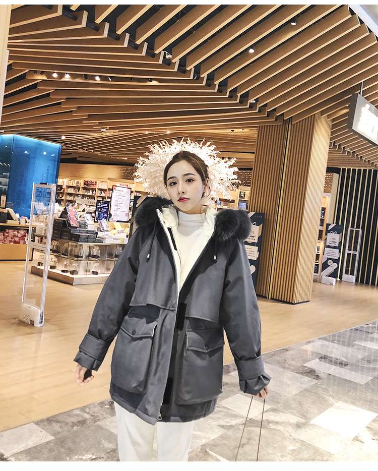 实拍羽绒棉服女小个子爆款中长款加厚韩版真毛领工装详情12