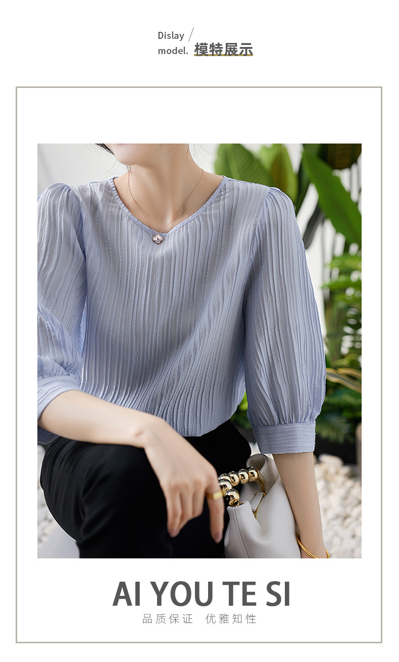 高端气质百褶真丝衬衫女式短袖衬衣2024女装衣服夏季新款休闲上衣详情7