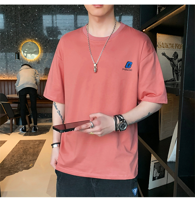 Pure cotton T-shirt for men, summer short-sleeved 2024 new Korean style five-quarter sleeve off-the-shoulder shirt, loose trendy brand short-sleeved large size pic 21