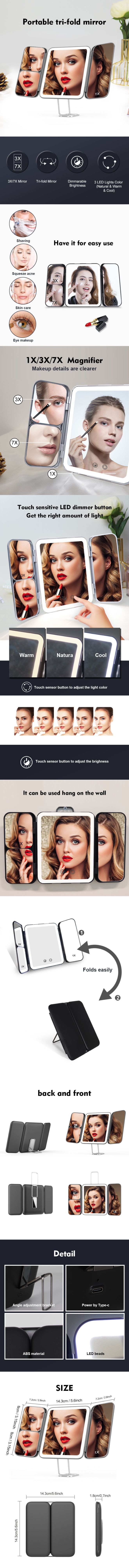 Cross-border multi-functional three-sided folding makeup mirror, countertop LED mirror with 7x magnifying glass, wall-mounted with light, dressing mirror pic 2