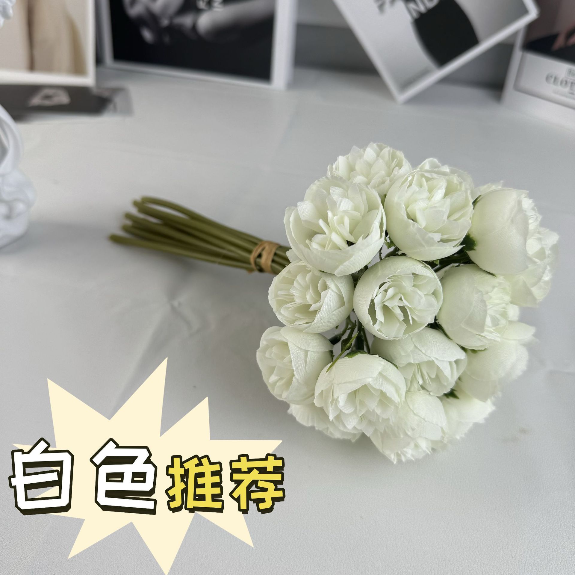 爆款仿真27头玫瑰手扎仿真花茶花小玫瑰手捧花假花套装家居摆件详情1