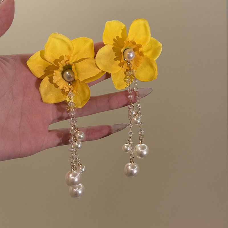 Silver needle yellow flower tassel stud earrings, super fairy-like spring and summer sweet earrings, fashionable, light luxury and high-end earrings for women pic 29