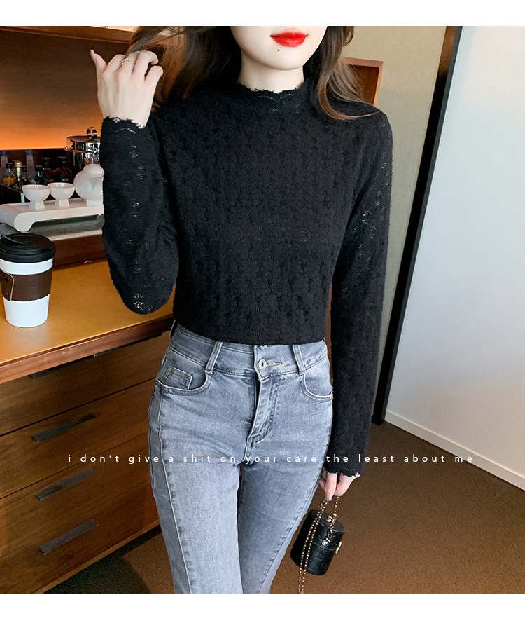 A stylish and youthful 2023 autumn collection, paired with a semi-high-neck top, long-sleeved small stand-up collar, and a youthful lace base layer for women pic 19