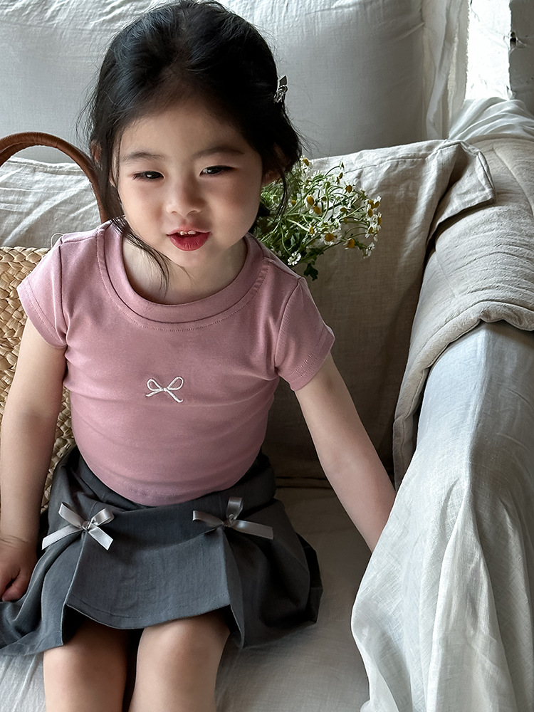 女童蝴蝶结露背T恤2024夏季新款韩版左小然自制刺绣蝴蝶结短袖详情17