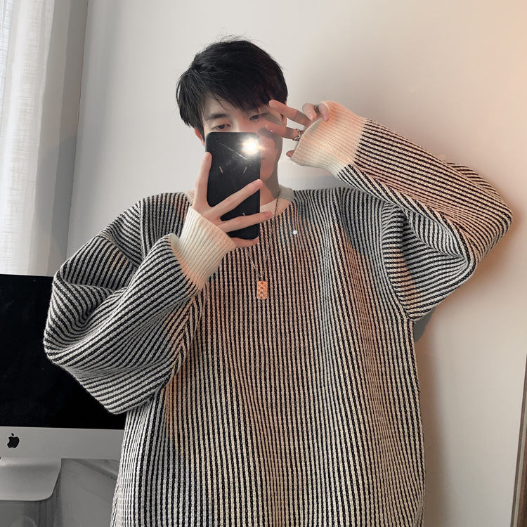圆领条纹毛衣男款秋冬新款时尚套头针织衫日系复古宽松百搭上衣服详情20