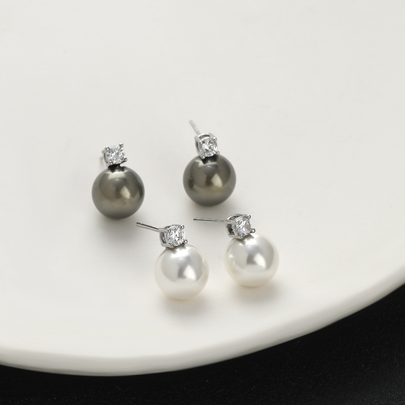 高级感简约浅灰色玻璃珍珠微镶锆石S925银针百搭耳钉气质耳饰耳环详情3