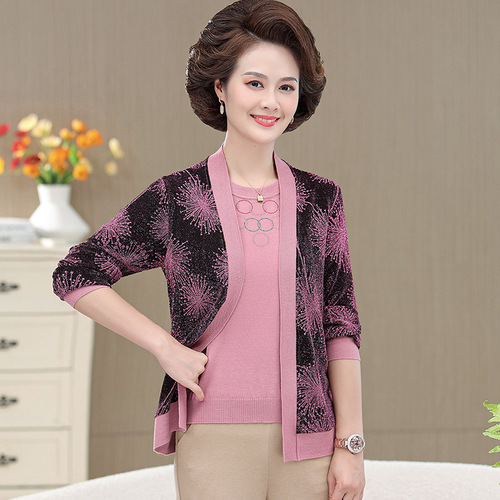 洋气妈妈装夏季短袖翻领T恤中老年人夏装宽松大码时尚印花小衫薄详情7