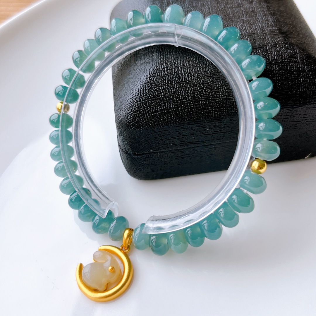 Amazon AliExpress New Chinese-style natural blue water drum bead A-grade jade bracelet for women, light luxury 925 silver inlaid rabbit jewelry pic 30