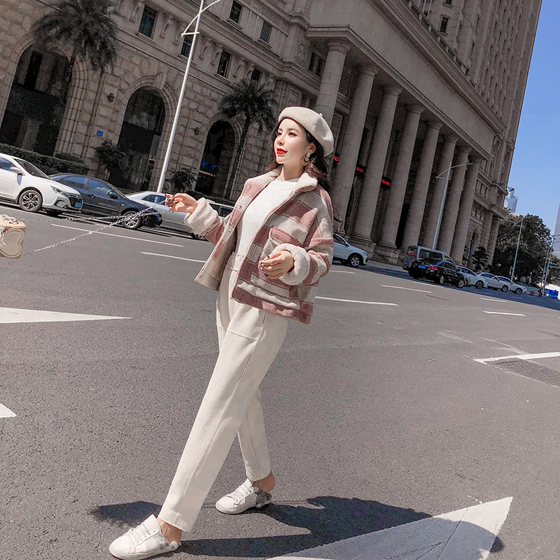 New loose checkered thickened windbreaker, short and versatile woolen coat for petite people pic 3