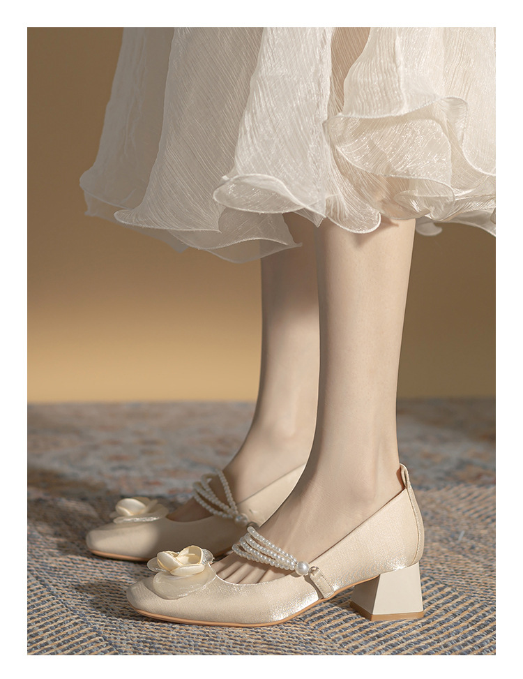 法式玛丽珍方头单鞋女2024春夏新款粗跟中跟女鞋百搭花朵绸缎鞋子详情21