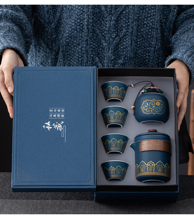 Travel tea set, ceramic quick customer cup, portable one pot, three cups, company business gift, festival souvenir, logo pic 3