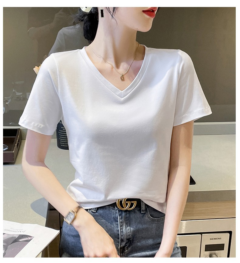 夏装宽松白色纯棉V领T恤女短袖2023新款时尚气质洋气小衫正肩体恤详情6