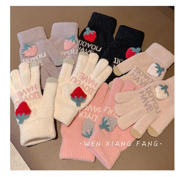 Sweet strawberry couple gloves in Japanese and Korean style, ins style plush touch screen knitted warm gloves with fleece finger separation gloves pic 3