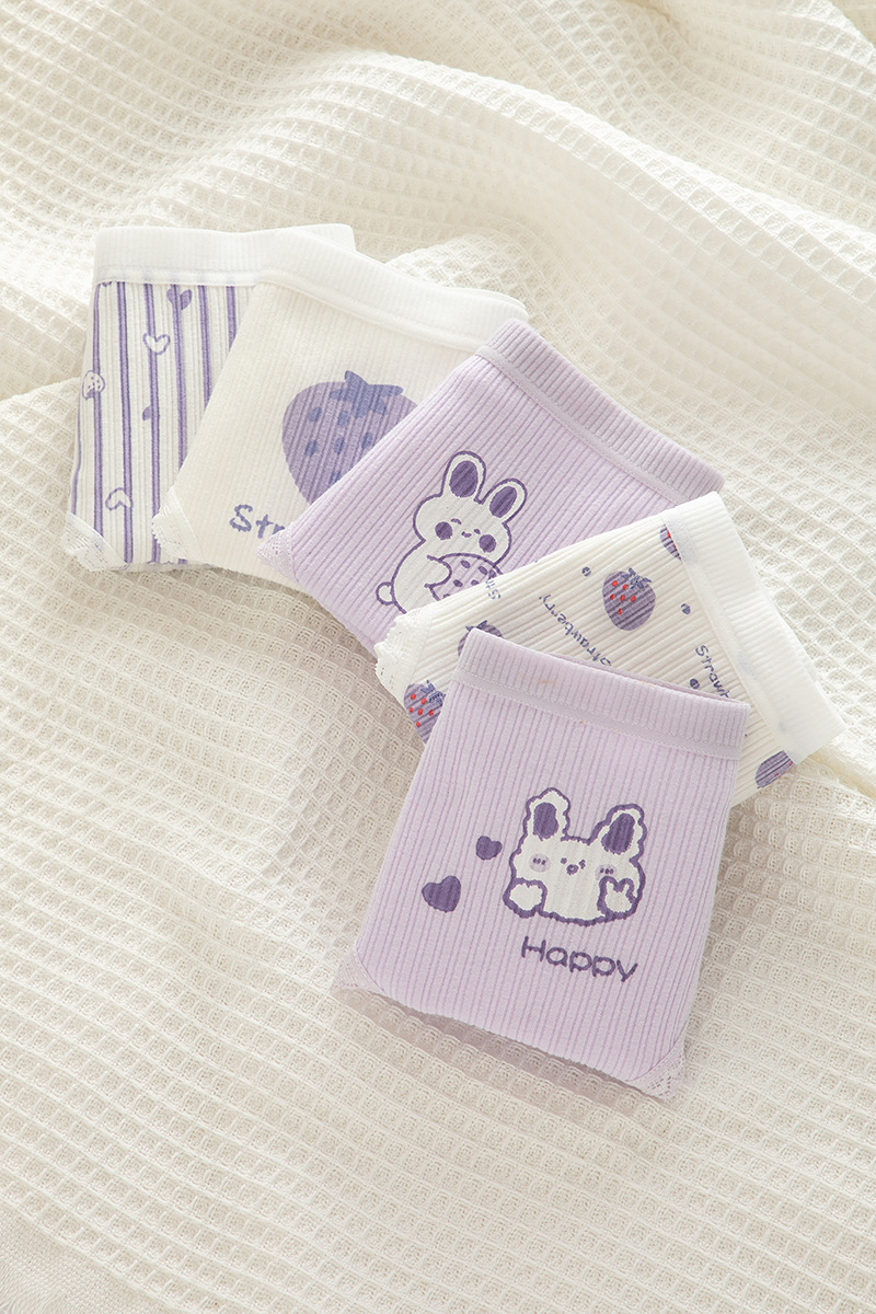 Tingweiya Japanese-style cute purple girl cartoon rabbit threaded cotton strawberry girl student mid-waist underwear for girls pic 49