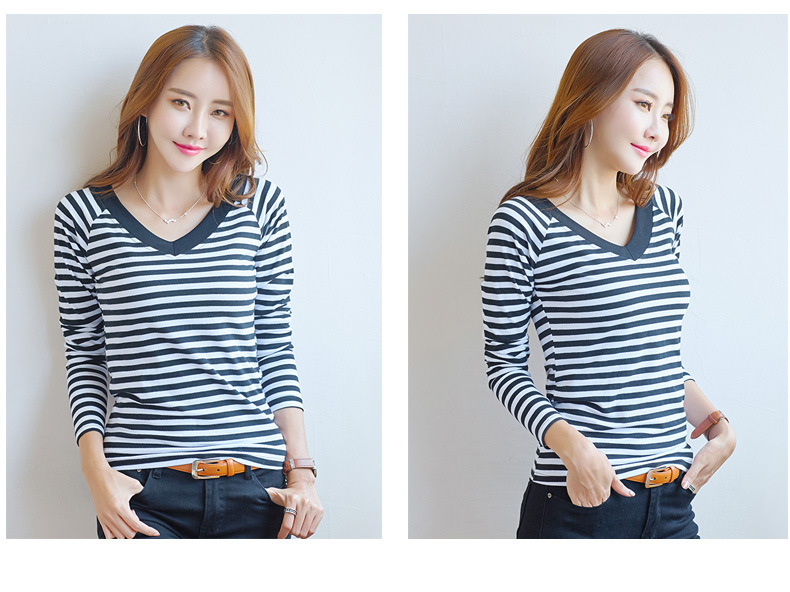 2022 Spring/Summer New Korean-style slim and slimming striped V-neck long-sleeved T-shirt for women, high-quality cotton elastic base layer pic 14