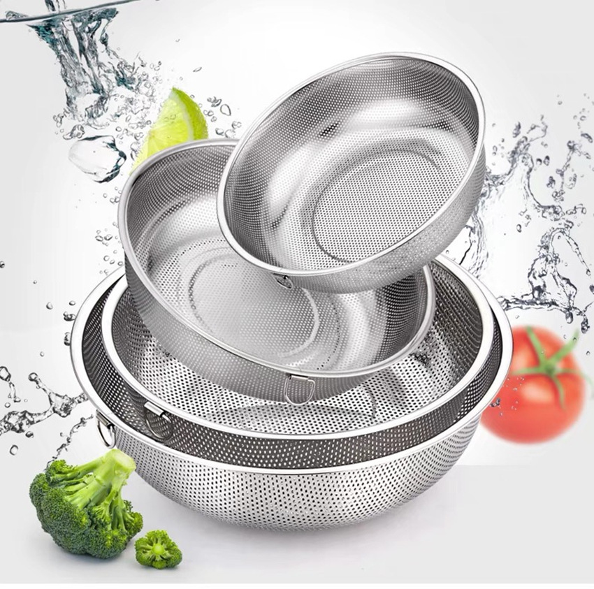The manufacturer thickened non-magnetic stainless steel draining basket with dense holes, double-ear multi-purpose baskets, draining basins for washing vegetables, draining basins for rinsing rice, and sieving water pic 3