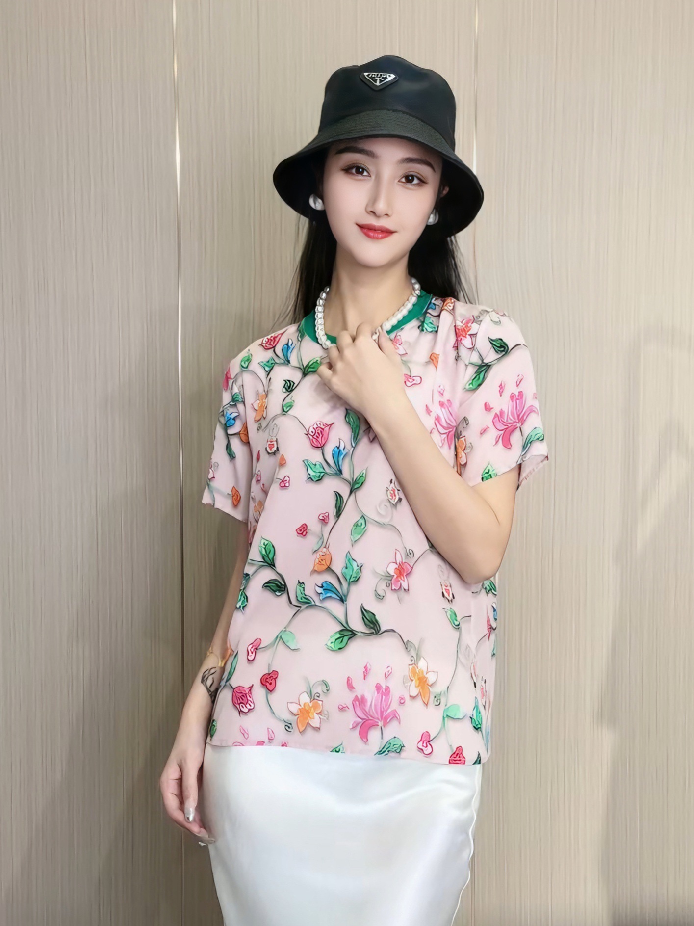 100％桑蚕丝真丝春暖花开全真丝印花女士短袖T恤女2024年春夏新款详情6