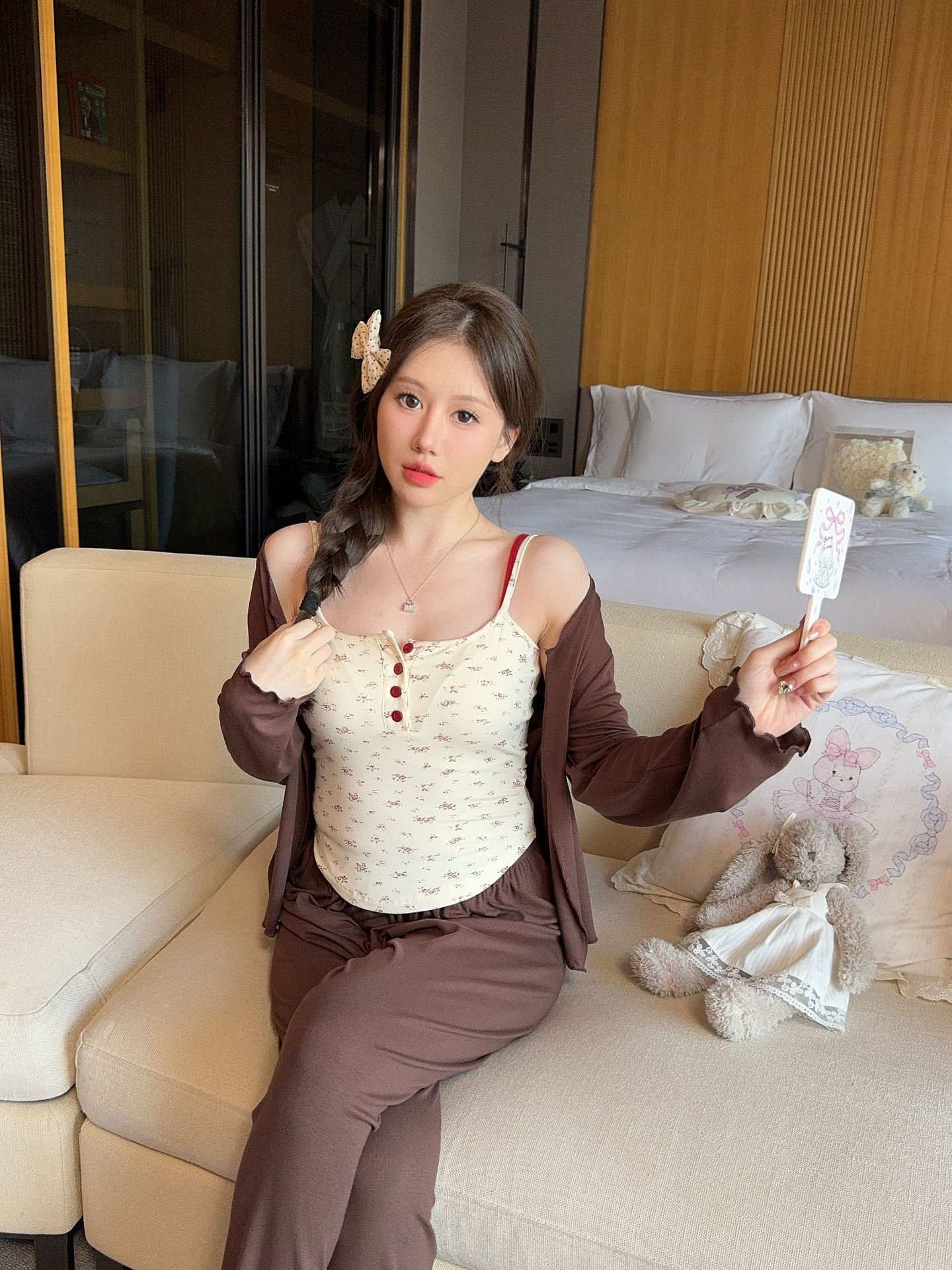 人气莫代尔睡衣三件套装女士春秋夏高级感带胸垫家居服纯欲风睡衣详情6